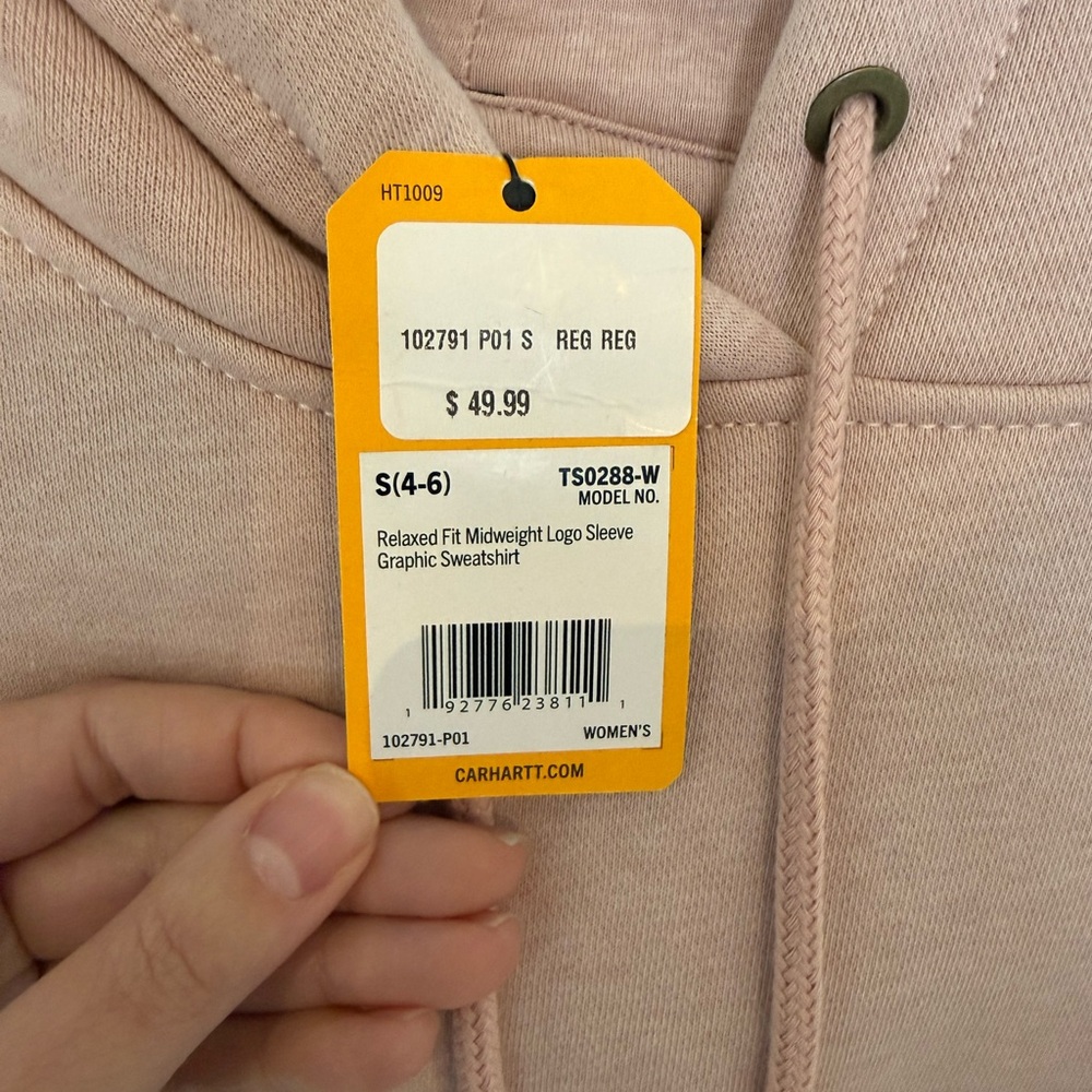Carhartt Women's Dusty Pink Logo Hoodie w/ Dark Chest Emblem and Sleeve Graphic - Picture 3 of 4